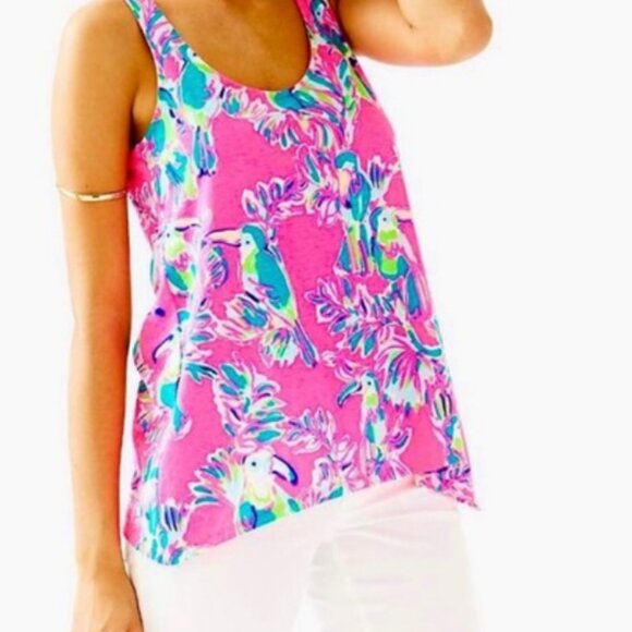 Lilly Pulitzer Monterey Tank Top Toucan Parrot Bird Pink Small Racerback - Picture 1 of 12